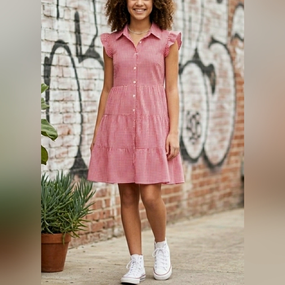 Monteau Los Angeles Red White Gingham Check Tiered Ruffle Sleeve Midi Dress M